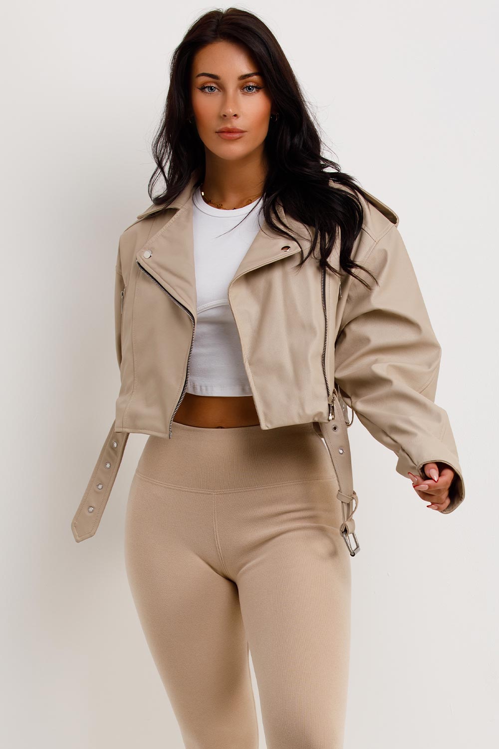 Faux Leather Jacket Beige