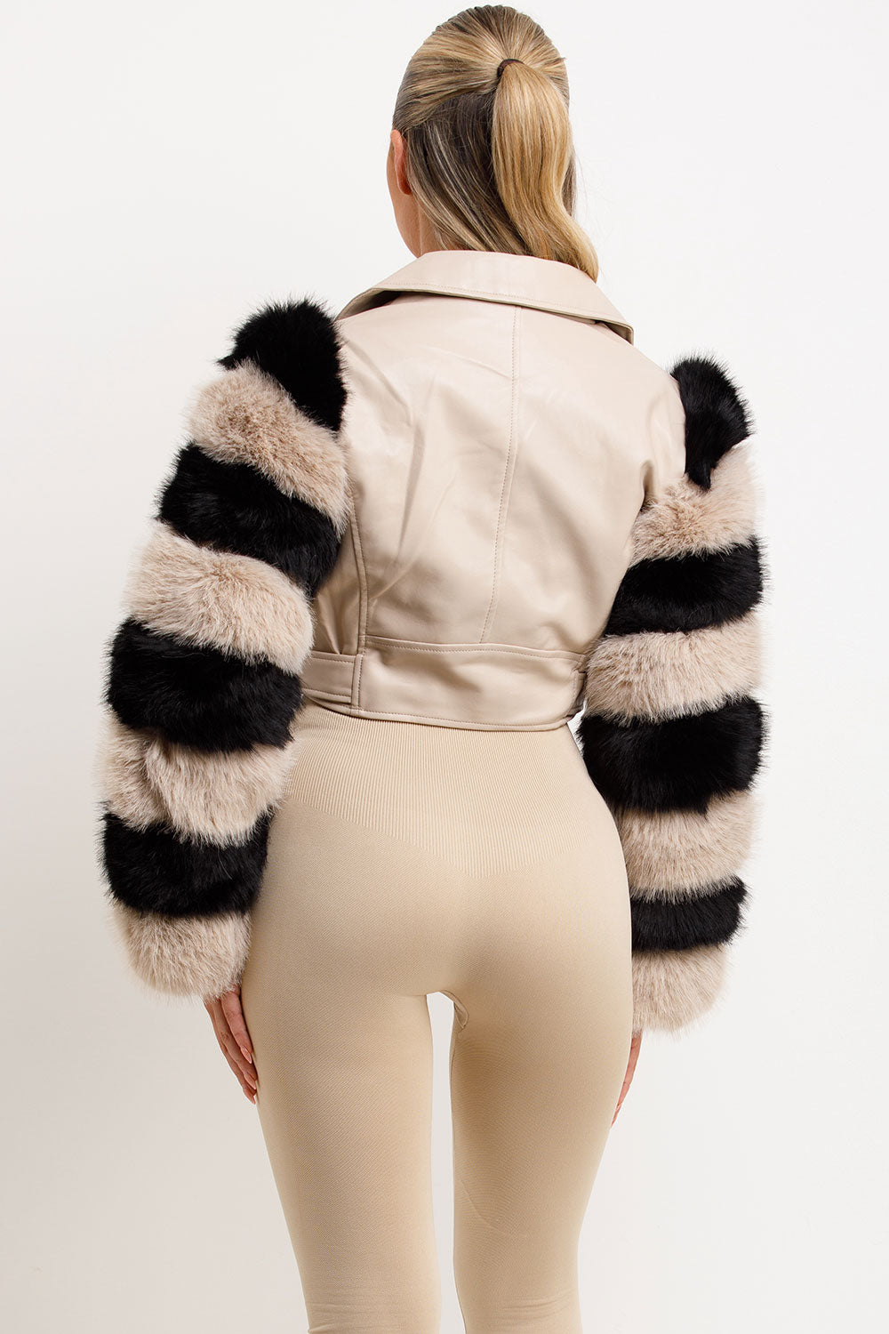 Faux Fur Faux Leather Aviator Jacket Beige Contrast