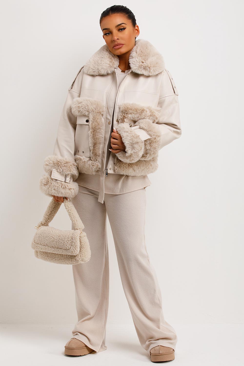 Faux Fur Trim Faux Leather Jacket Beige