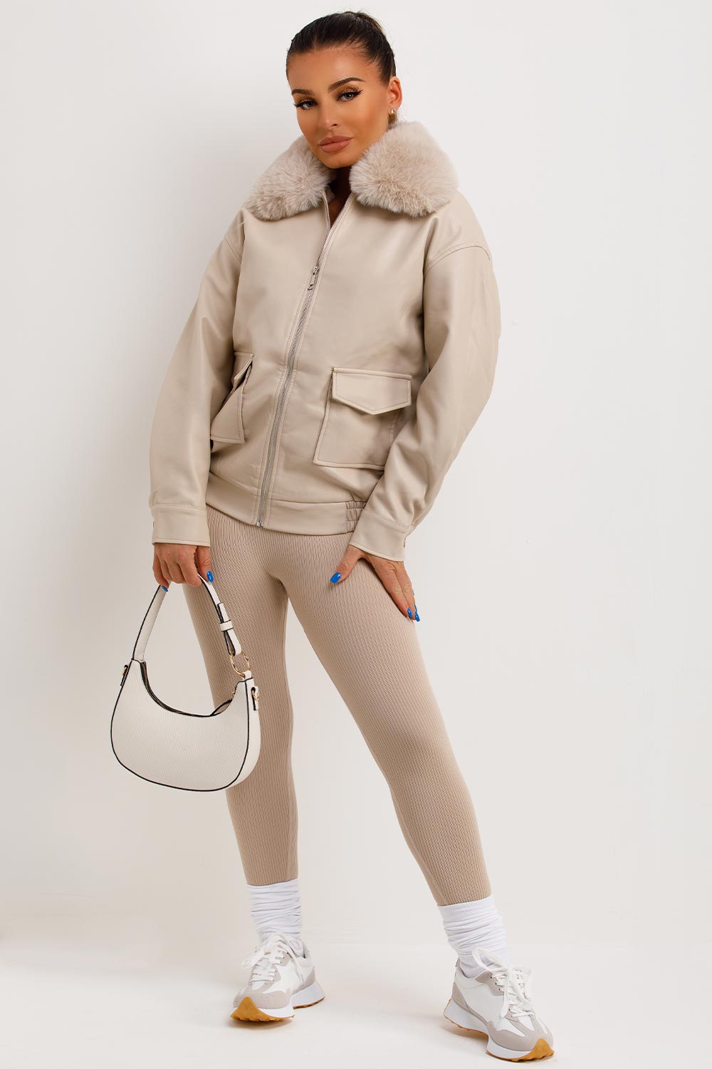 Faux Leather Jacket With Faux Fur Collar Beige