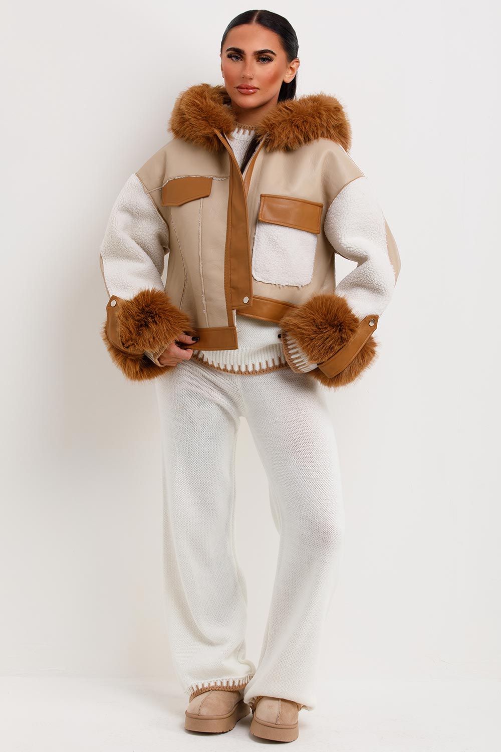 Shearling Faux Leather Jacket With Faux Fur Hood Beige