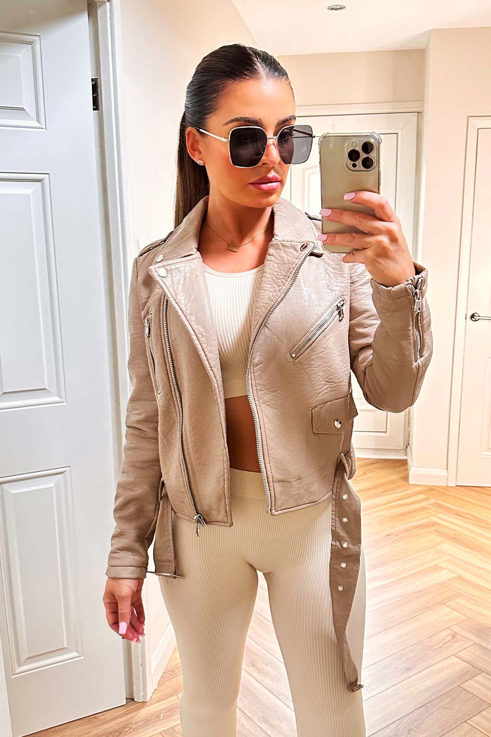 Faux Leather Jacket Beige