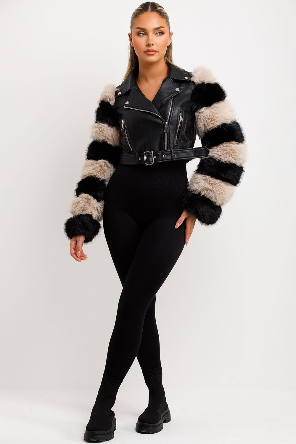 Faux Fur Faux Leather Aviator Jacket Black Contrast