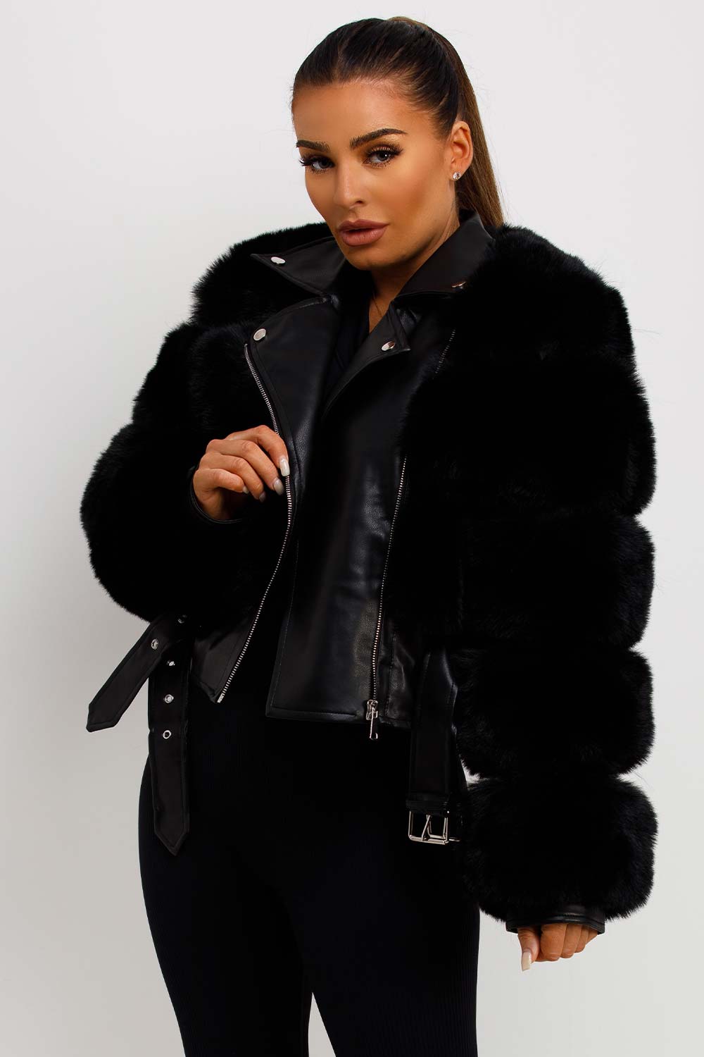 Faux Fur Faux Leather Aviator Jacket With Belt Black