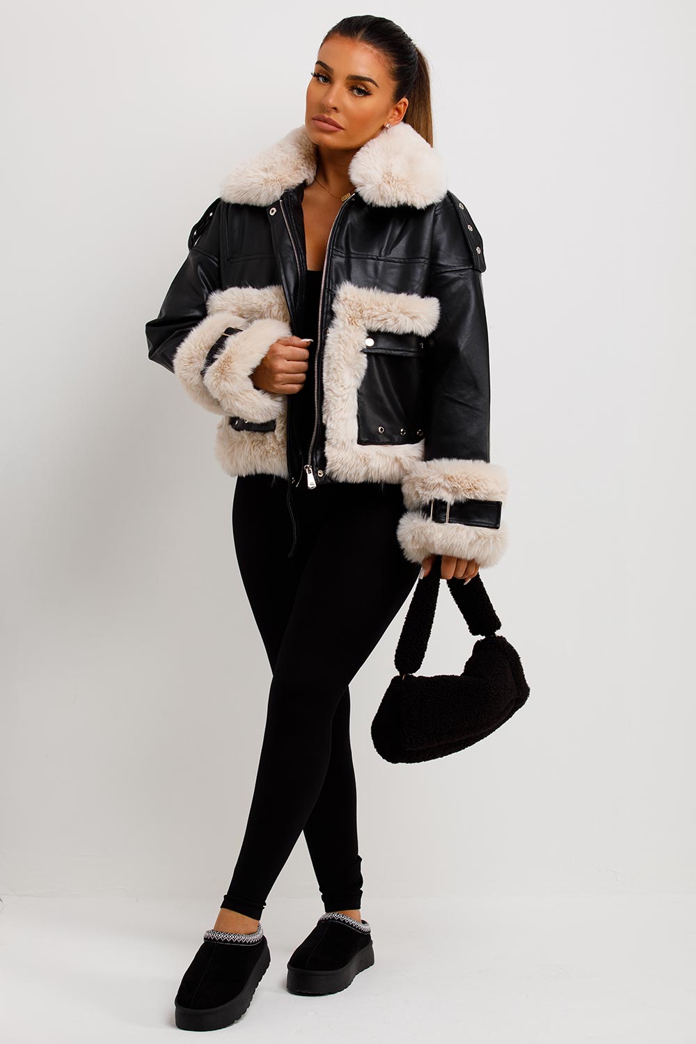 Faux Fur Trim Faux Leather Jacket Black