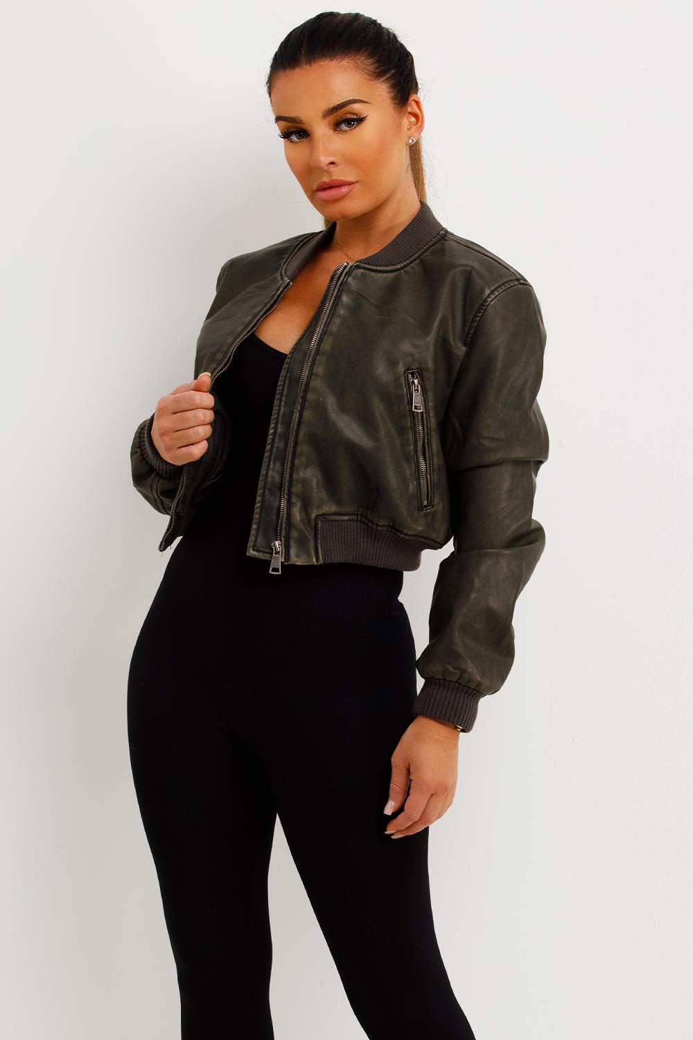 Faux Leather Bomber Jacket Khaki