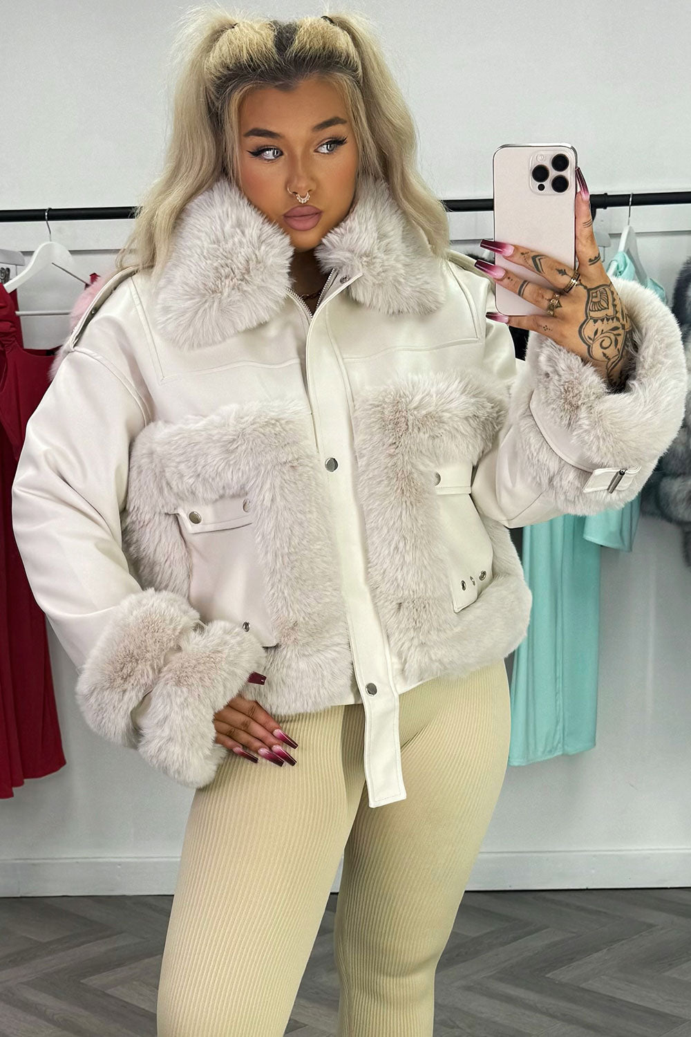 Faux Fur Trim Faux Leather Jacket Beige