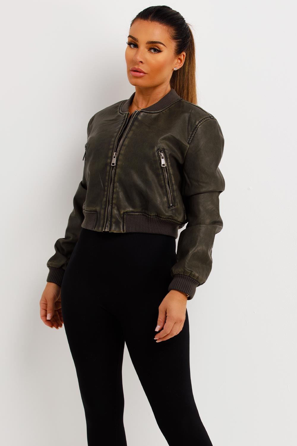 Faux Leather Bomber Jacket Khaki