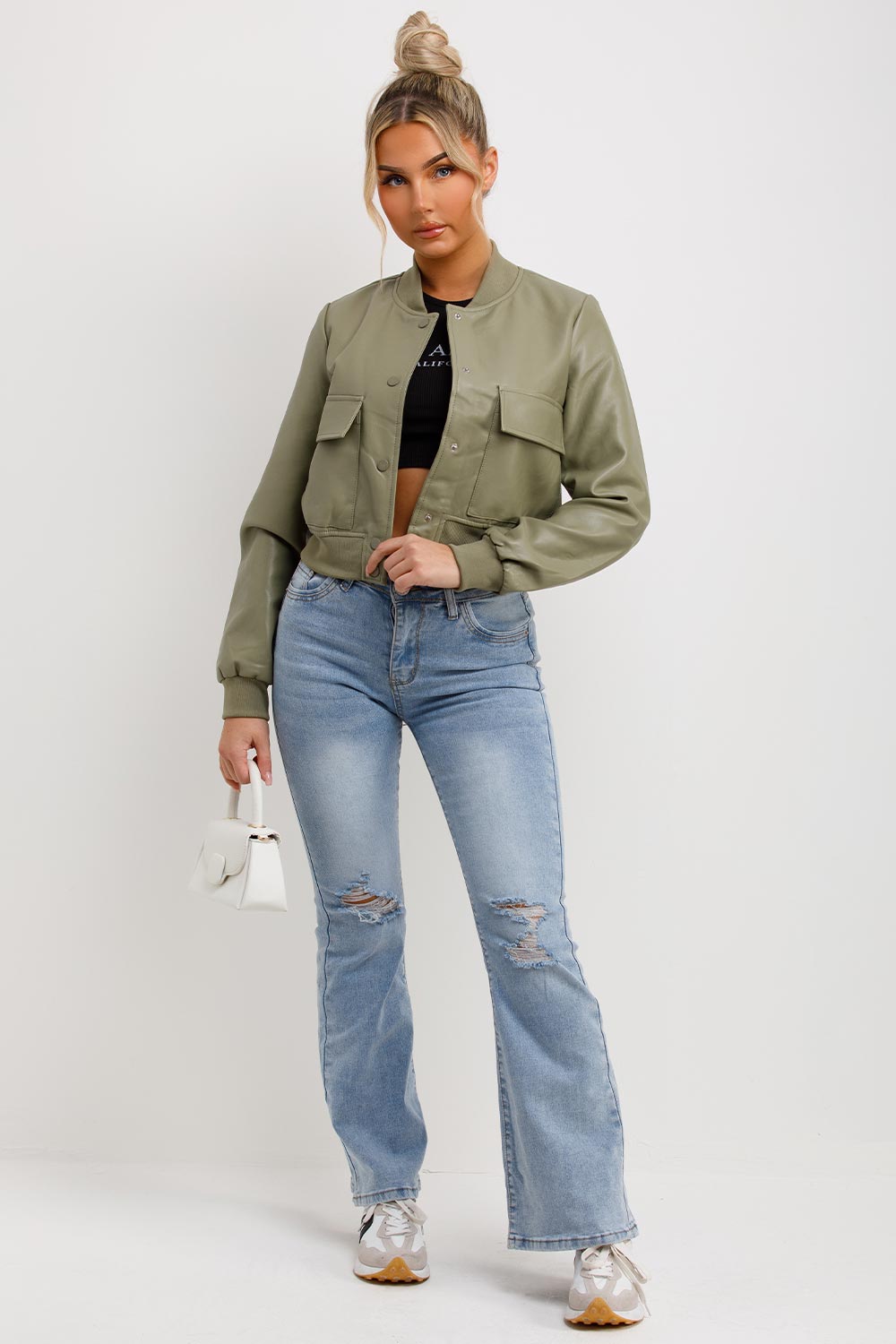 Faux Leather Bomber Jacket Khaki