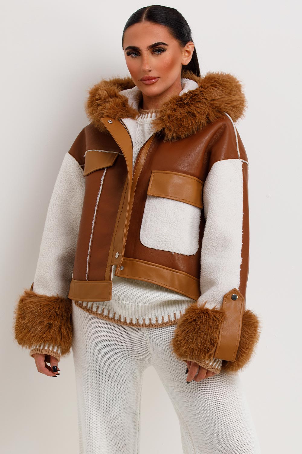 Shearling Faux Leather Jacket With Faux Fur Hood Brown