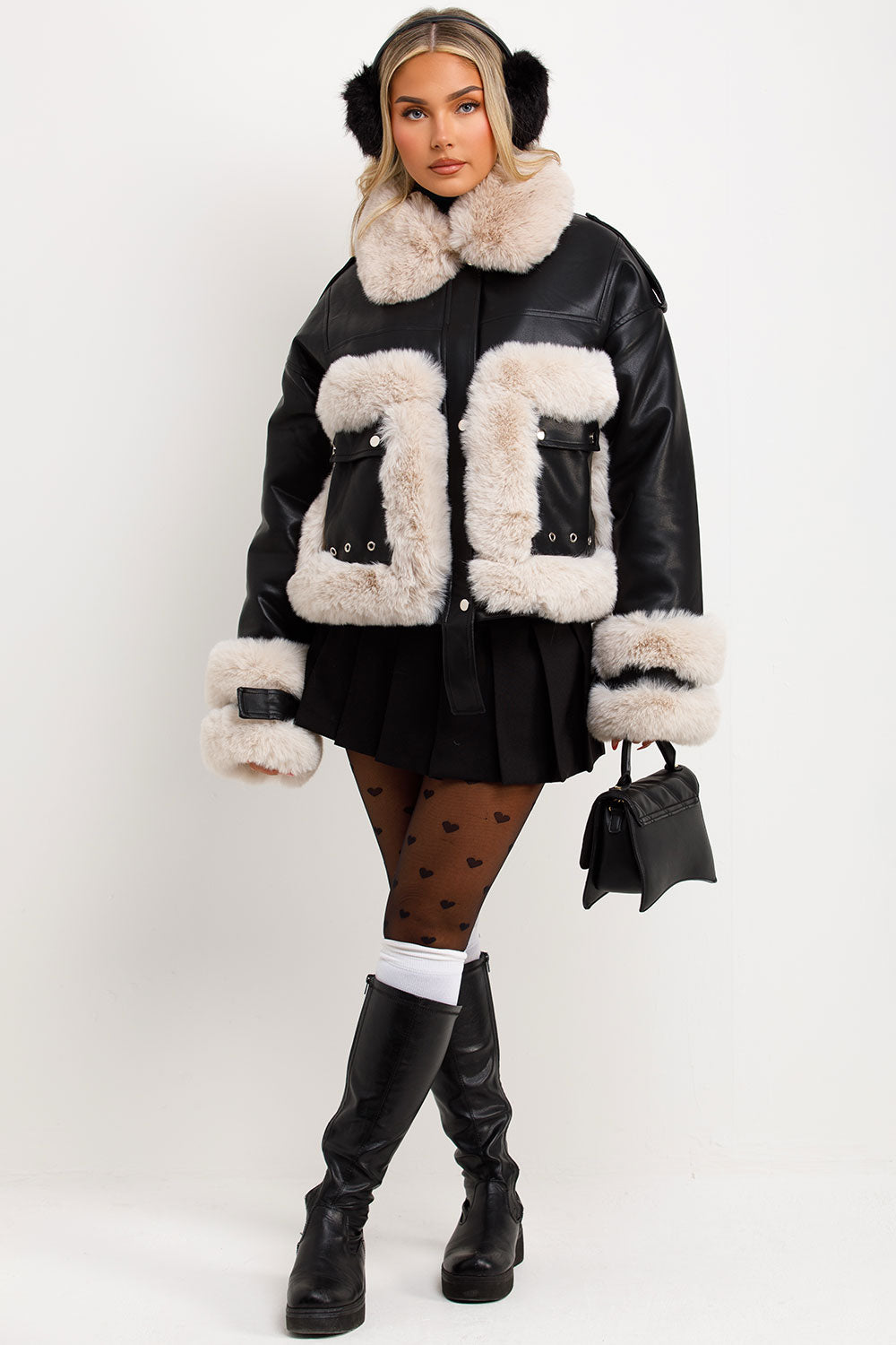 Faux Fur Trim Faux Leather Jacket Black