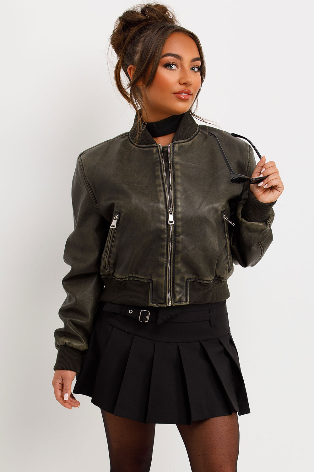 Faux Leather Jacket Bomber Style Charcoal