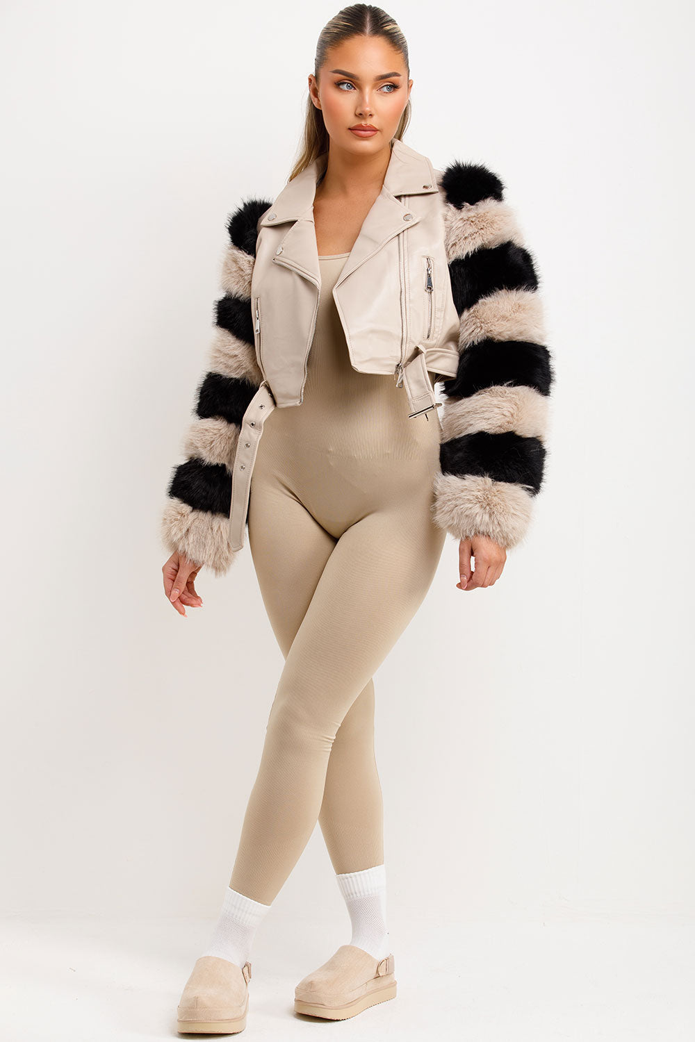 Faux Fur Faux Leather Aviator Jacket Beige Contrast