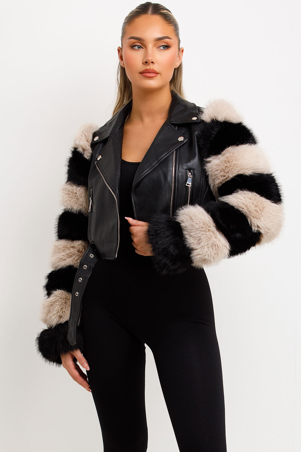 Faux Fur Faux Leather Aviator Jacket Black Contrast