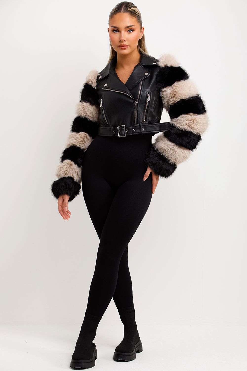 Faux Fur Faux Leather Aviator Jacket Black Contrast