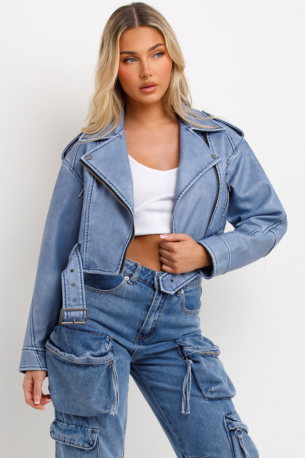 Faux Leather Jacket Denim Blue