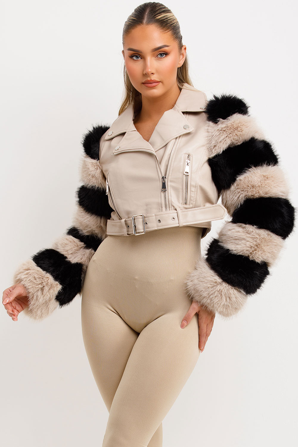 Faux Fur Faux Leather Aviator Jacket Beige Contrast