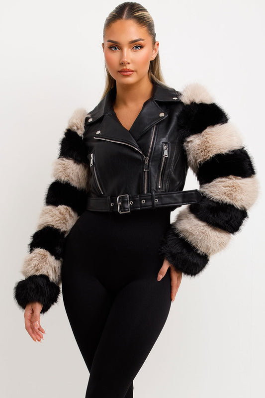 Faux Fur Faux Leather Aviator Jacket Black Contrast