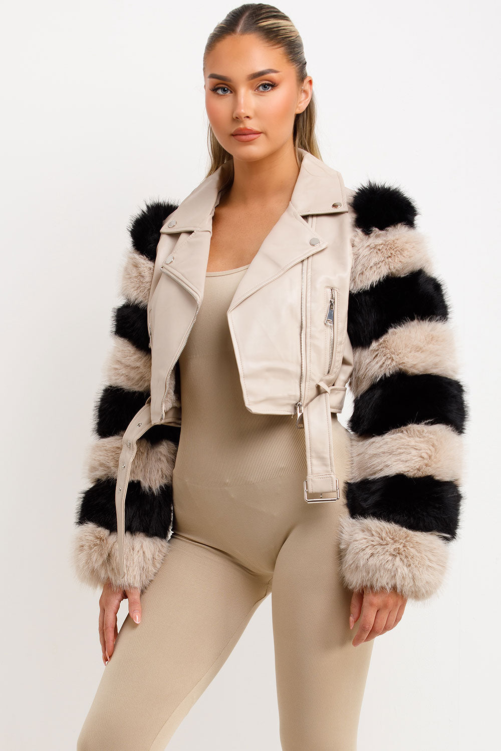 Faux Fur Faux Leather Aviator Jacket Beige Contrast