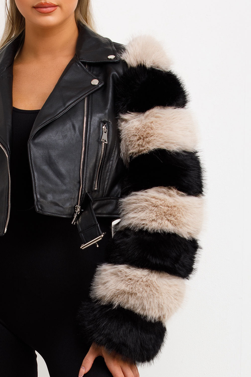 Faux Fur Faux Leather Aviator Jacket Black Contrast