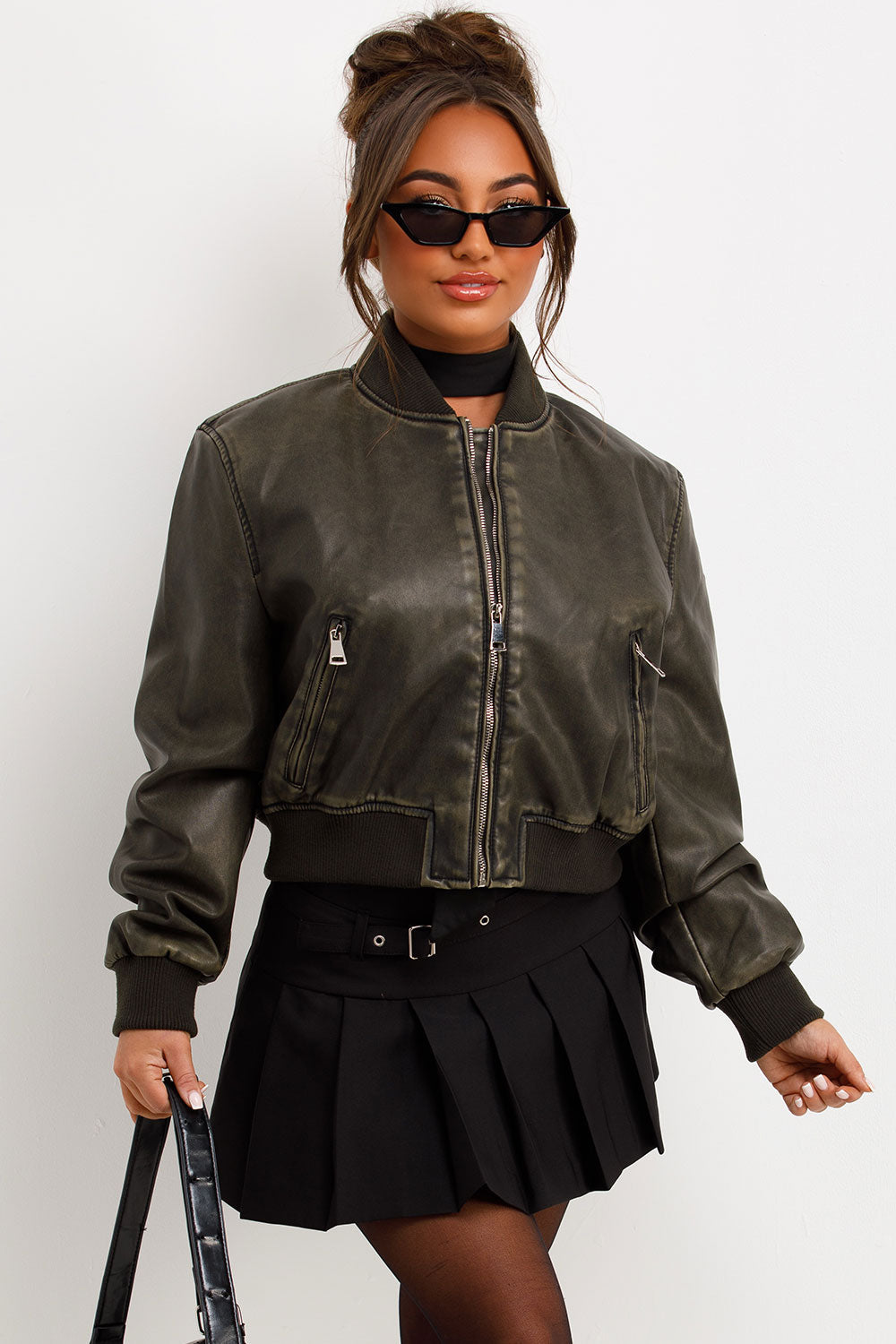 Faux Leather Jacket Bomber Style Charcoal