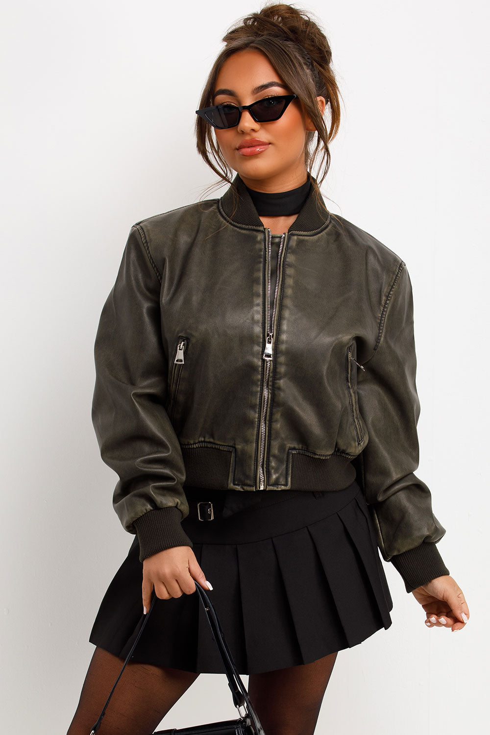 Faux Leather Jacket Bomber Style Charcoal