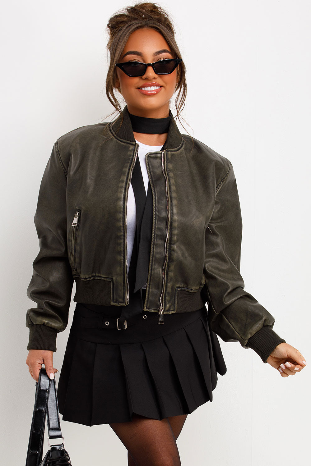 Faux Leather Jacket Bomber Style Charcoal