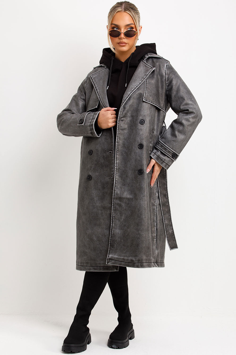 Faux Leather trench Coat With Belt Grey