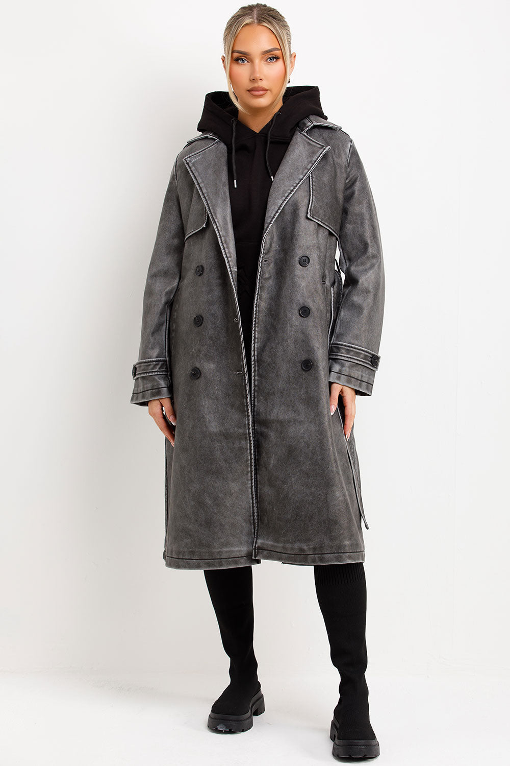 Faux Leather trench Coat With Belt Grey