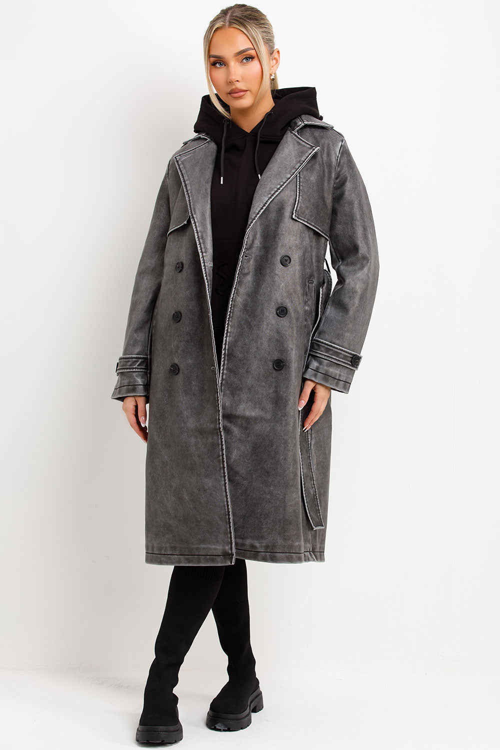 Faux Leather trench Coat With Belt Grey