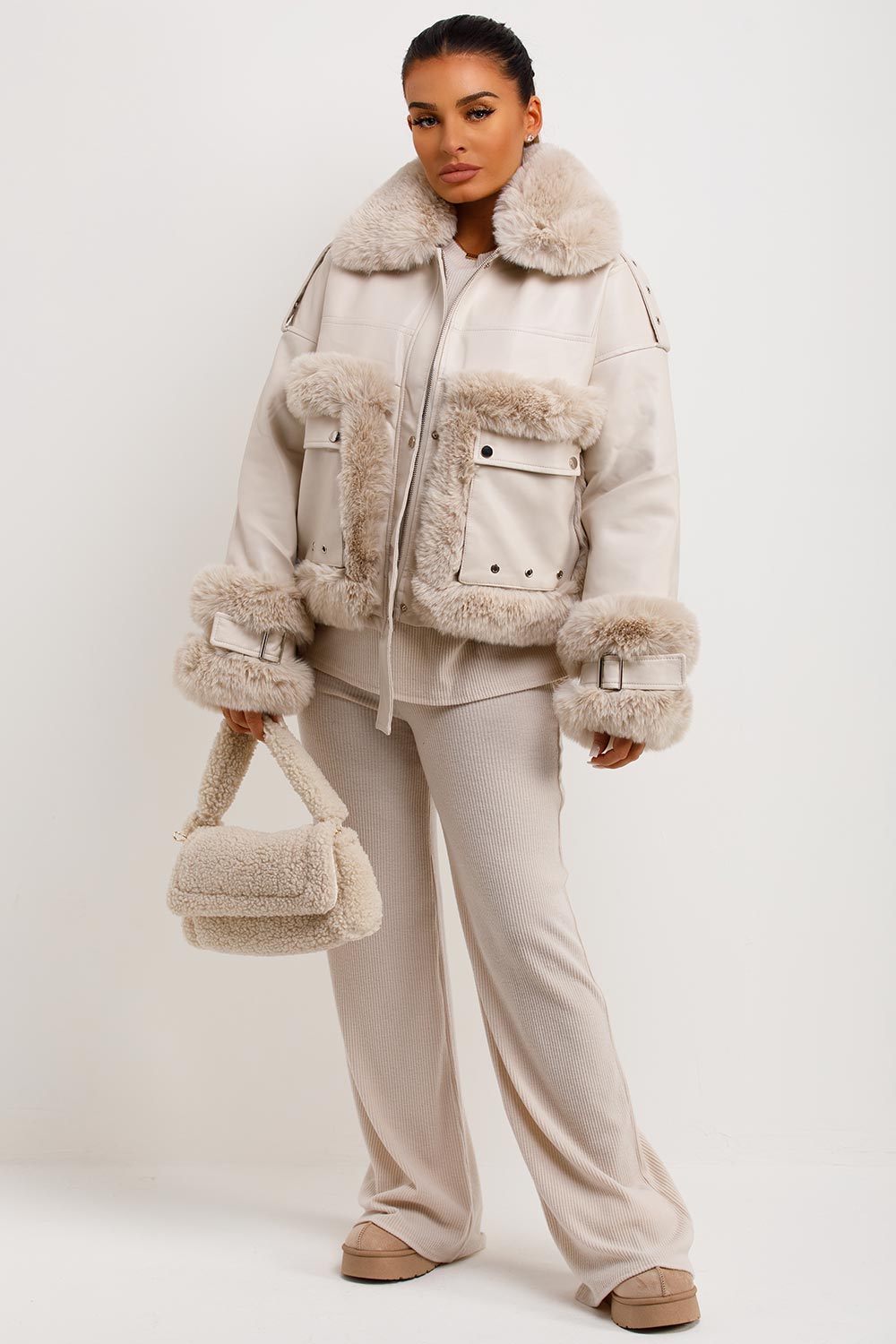 Faux Fur Trim Faux Leather Jacket Beige