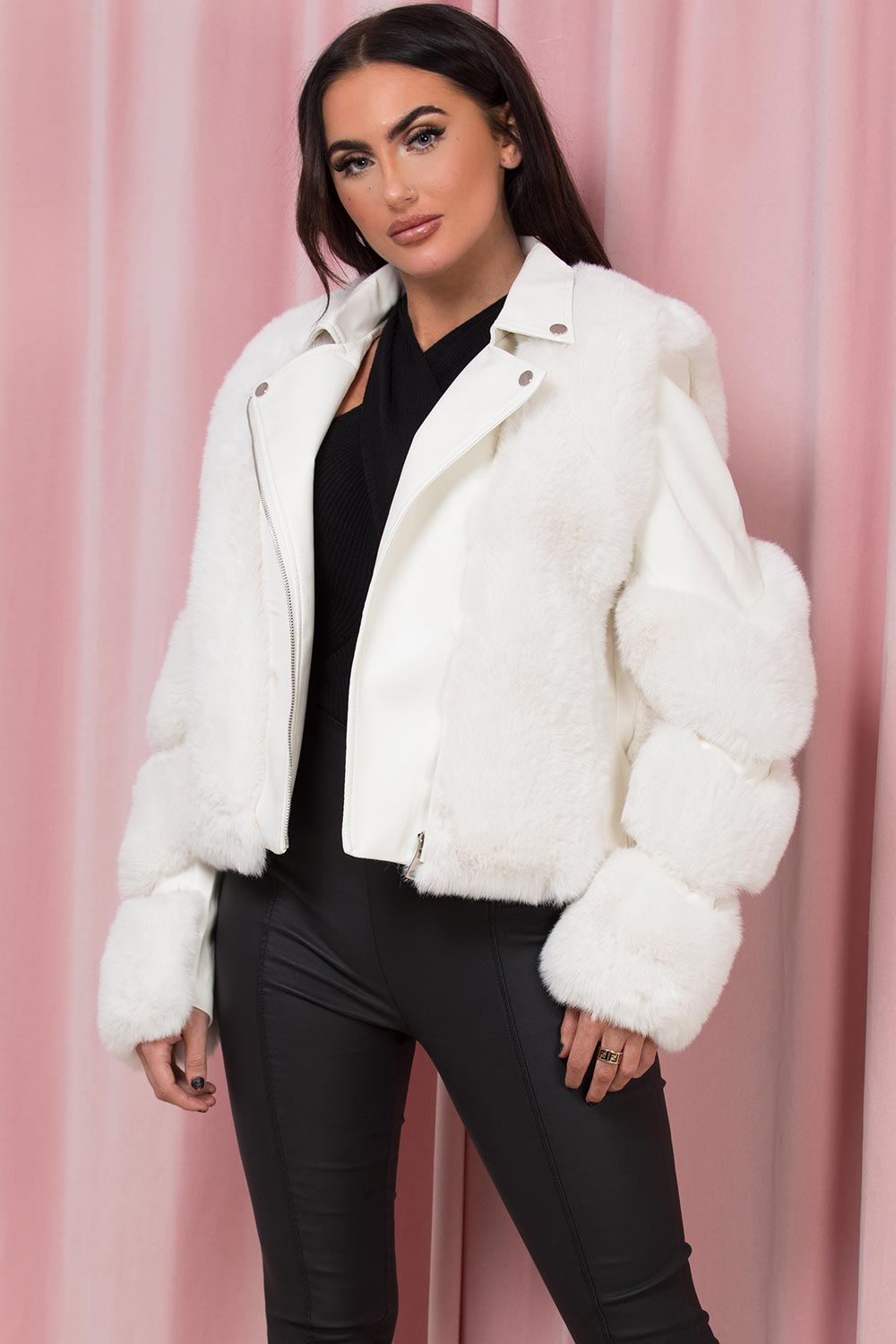 Faux Leather Aviator Jacket With Faux Fur White