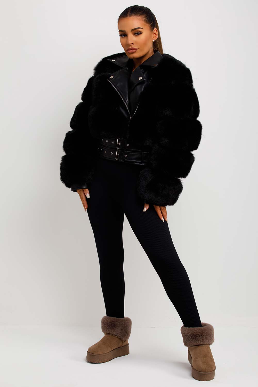 Faux Fur Faux Leather Aviator Jacket With Belt Black