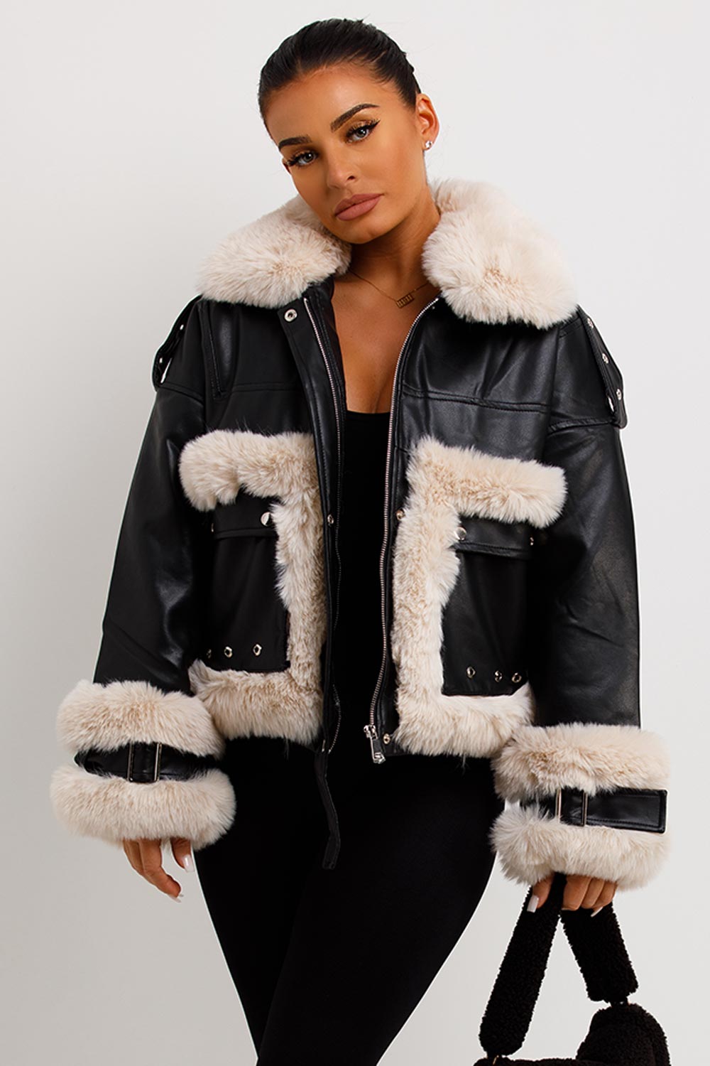 Faux Fur Trim Faux Leather Jacket Black