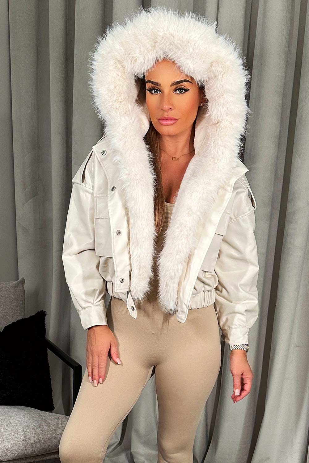 Faux Leather Bomber Jacket With Faux Fur Hood Beige