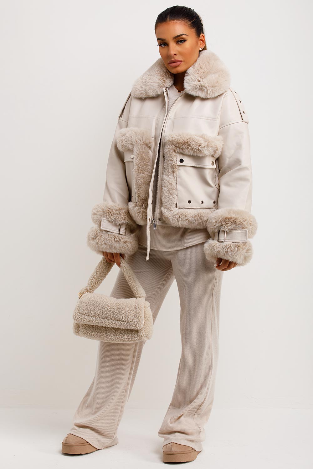 Faux Fur Trim Faux Leather Jacket Beige