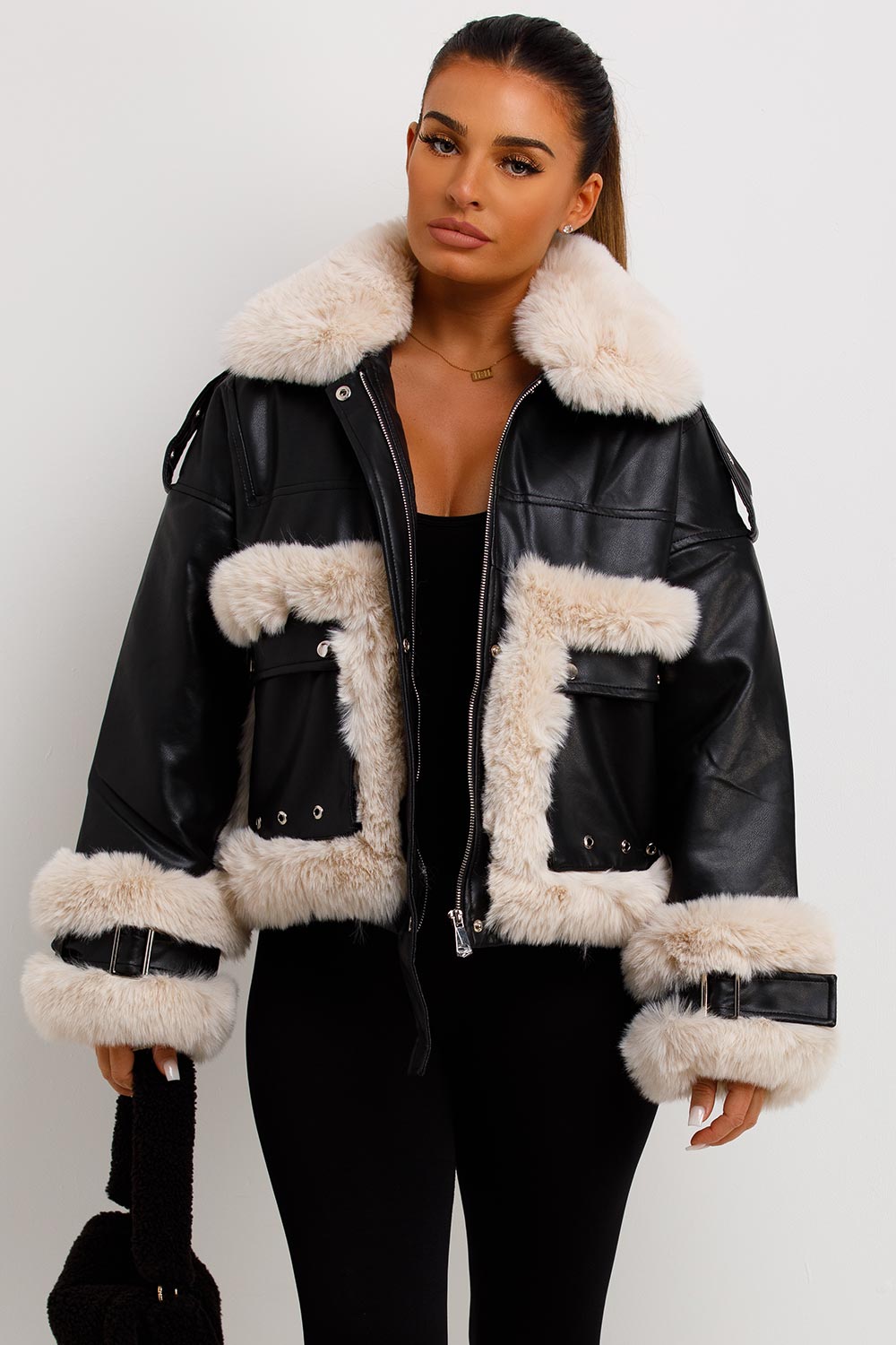 Faux Fur Trim Faux Leather Jacket Black