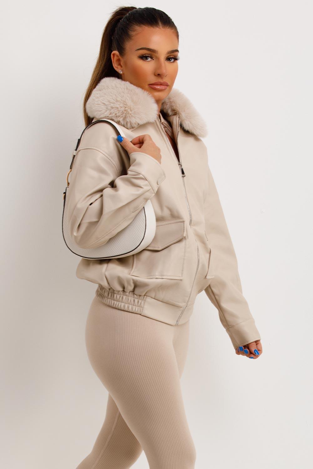 Faux Leather Jacket With Faux Fur Collar Beige