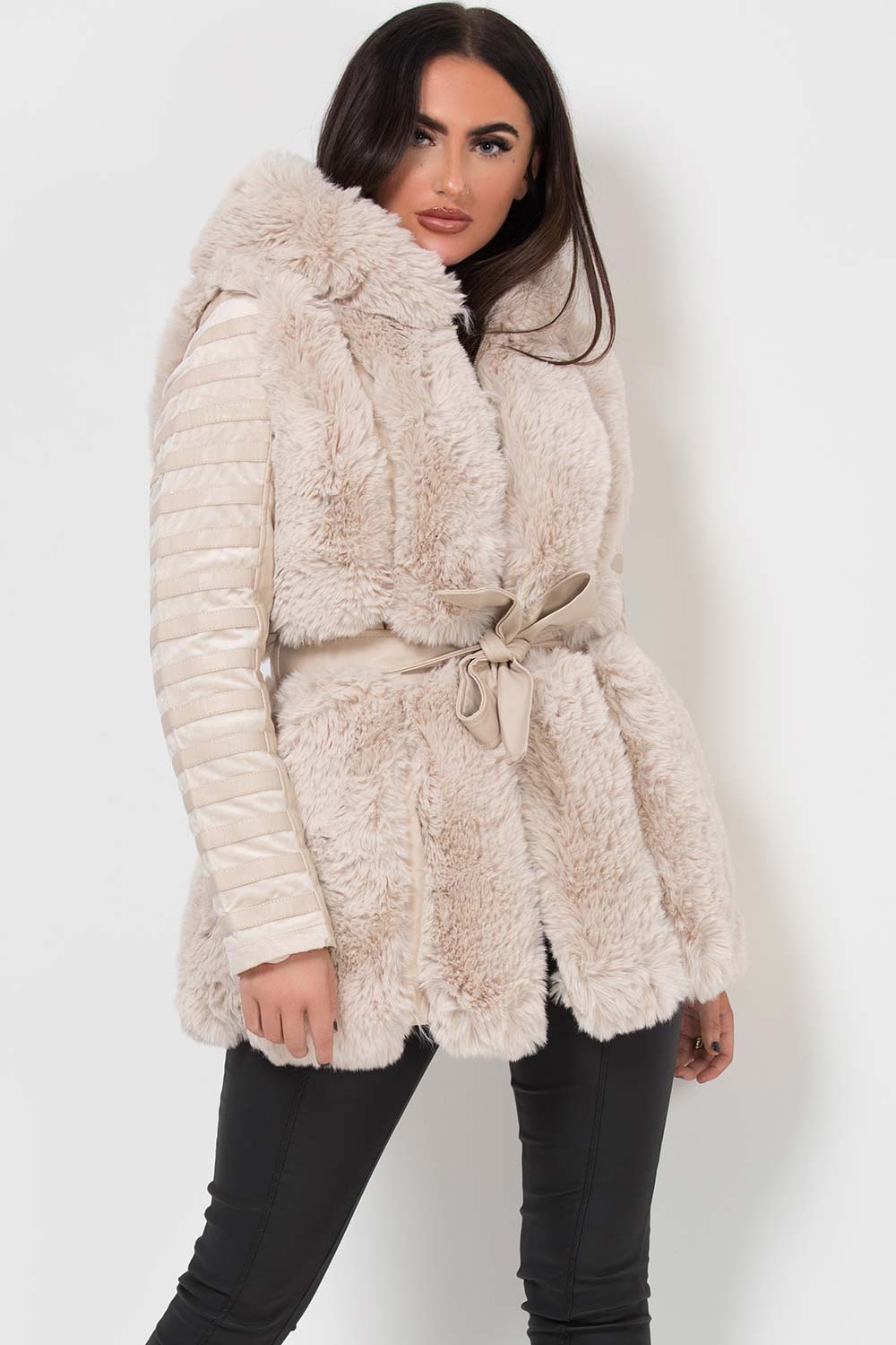 Faux Fur Faux Leather Hooded Panelled Sleeve Jacket Cream