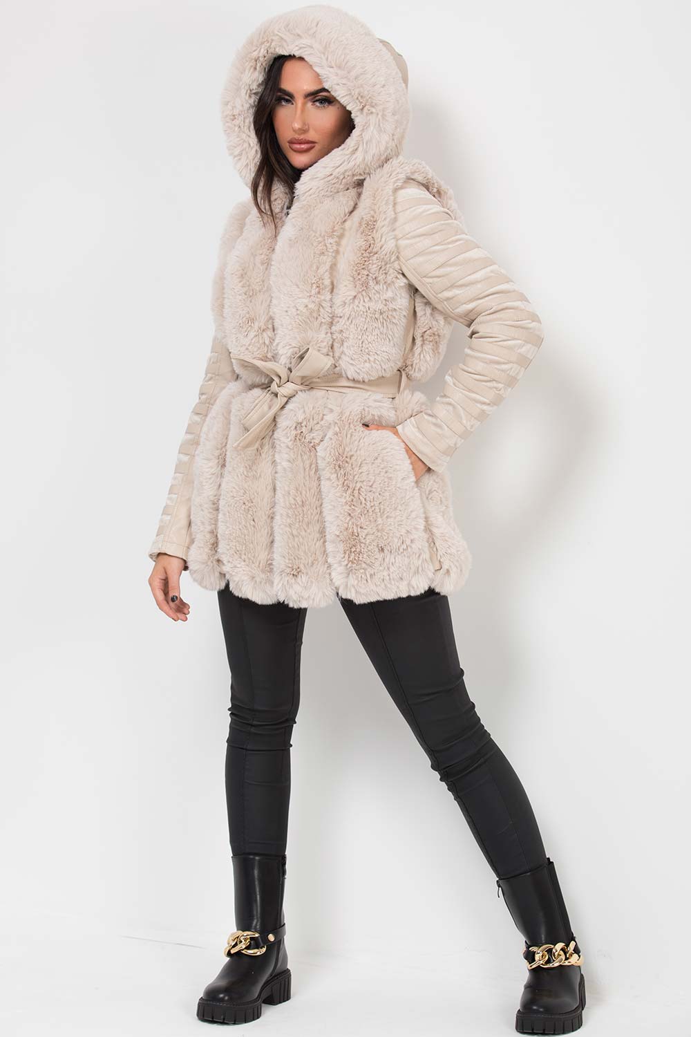 Faux Fur Faux Leather Hooded Panelled Sleeve Jacket Cream