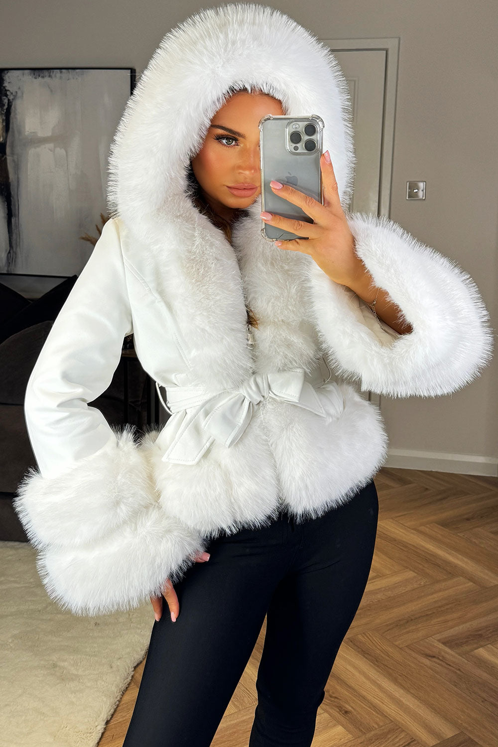 Faux Leather Fur Coat With Hood And Belt White