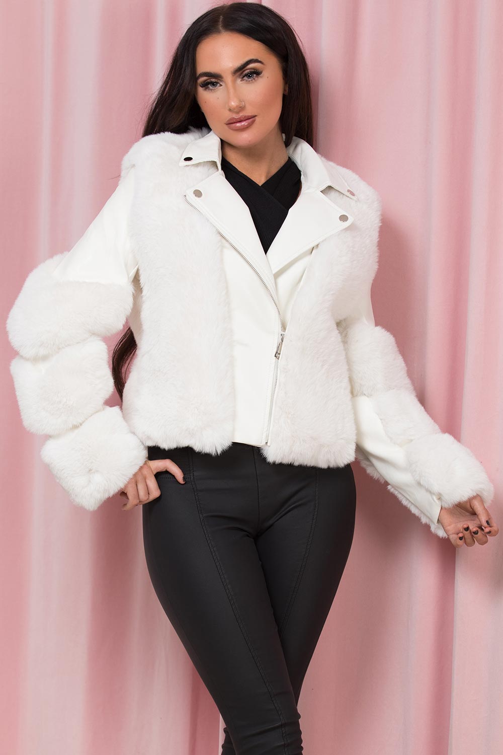 Faux Leather Aviator Jacket With Faux Fur White