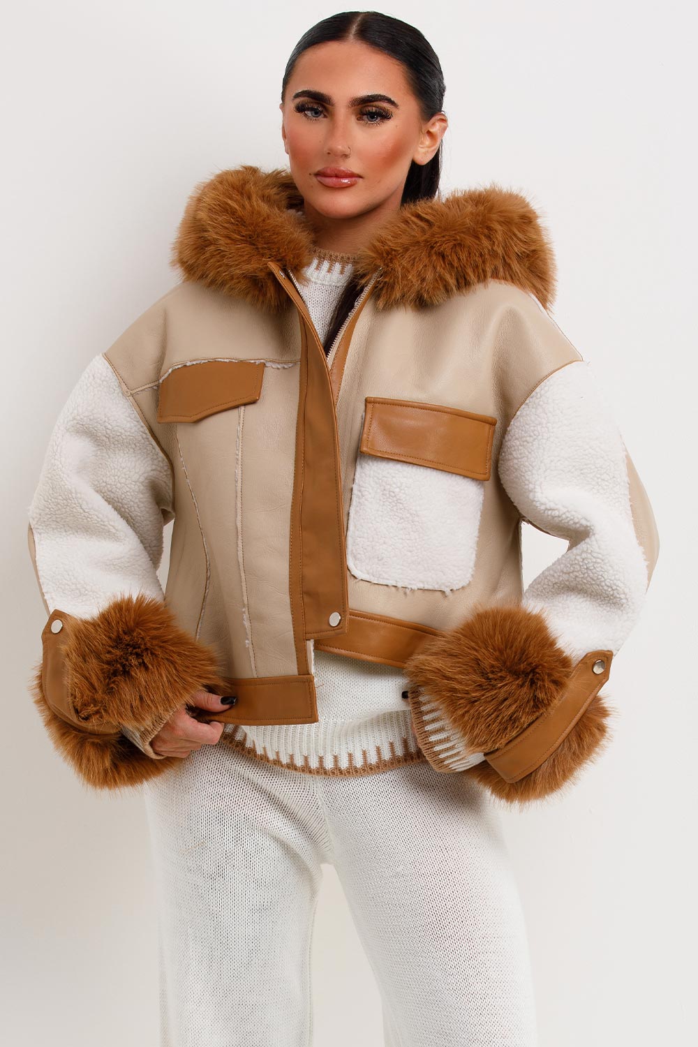 Shearling Faux Leather Jacket With Faux Fur Hood Beige