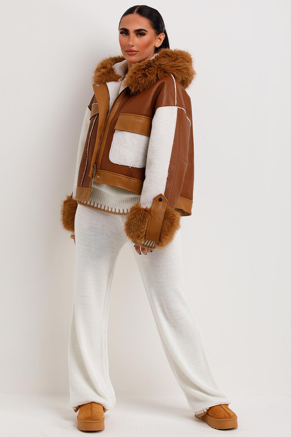 Shearling Faux Leather Jacket With Faux Fur Hood Brown