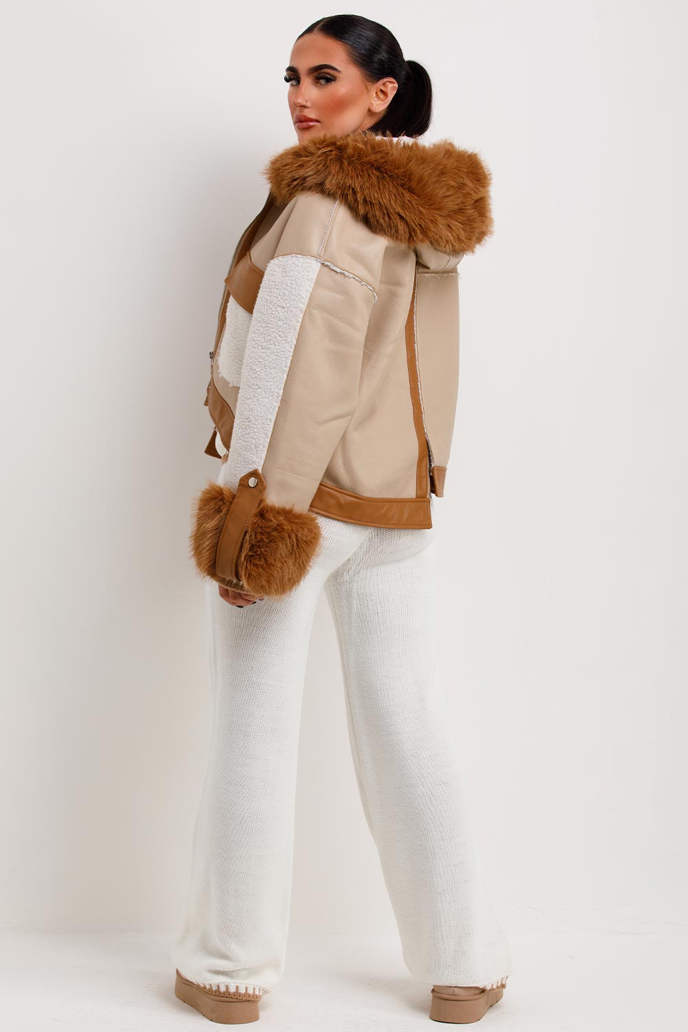 Shearling Faux Leather Jacket With Faux Fur Hood Beige