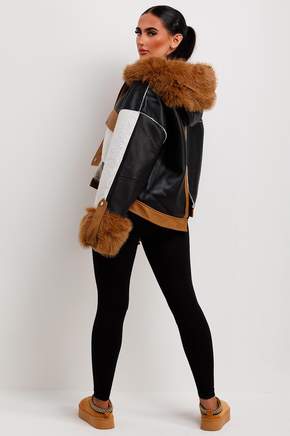 Shearling Faux Leather Jacket With Faux Fur Hood Black