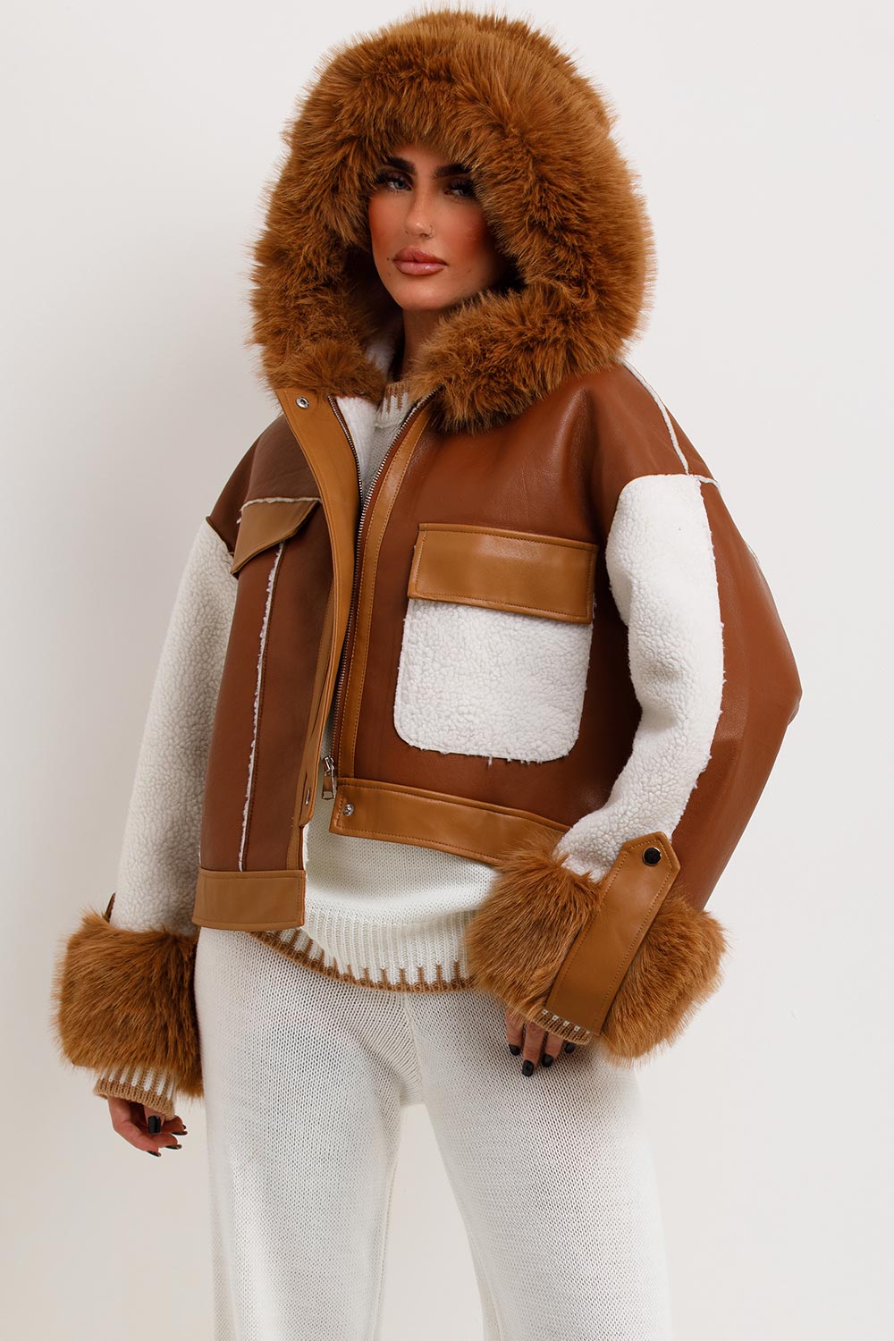 Shearling Faux Leather Jacket With Faux Fur Hood Brown