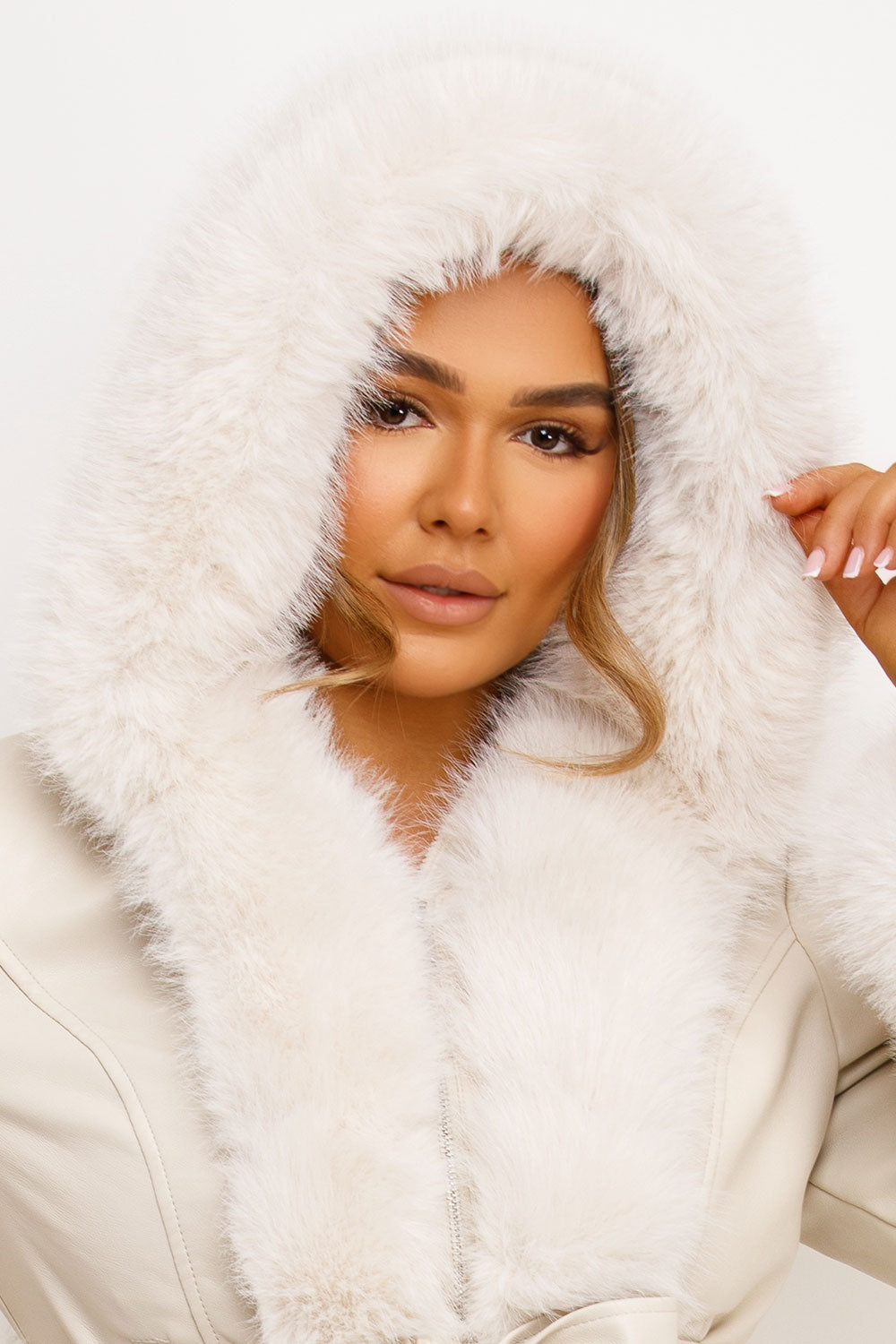 Faux Leather Fur Coat With Hood And Belt Beige