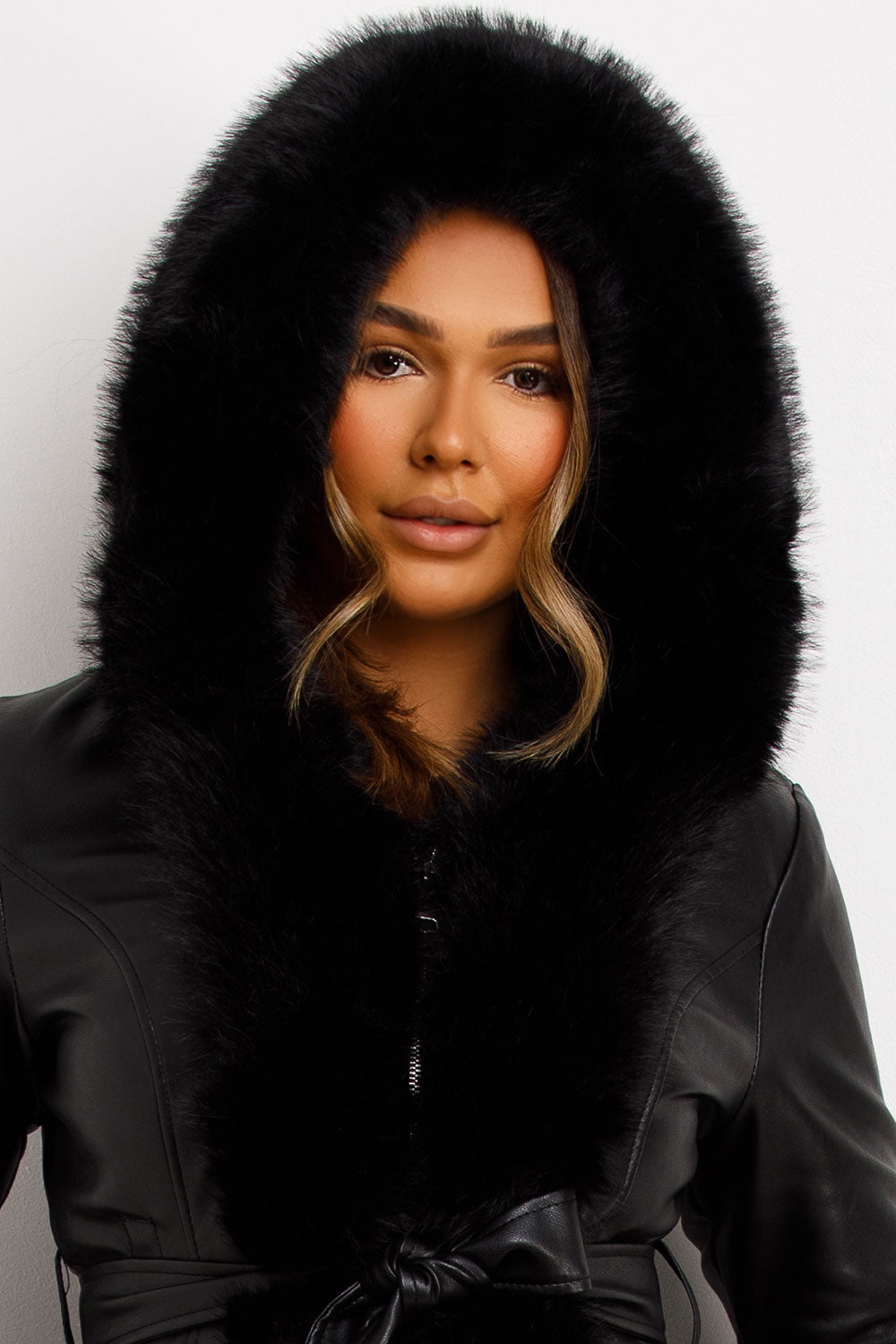 Faux Leather Fur Coat With Hood And Belt Black