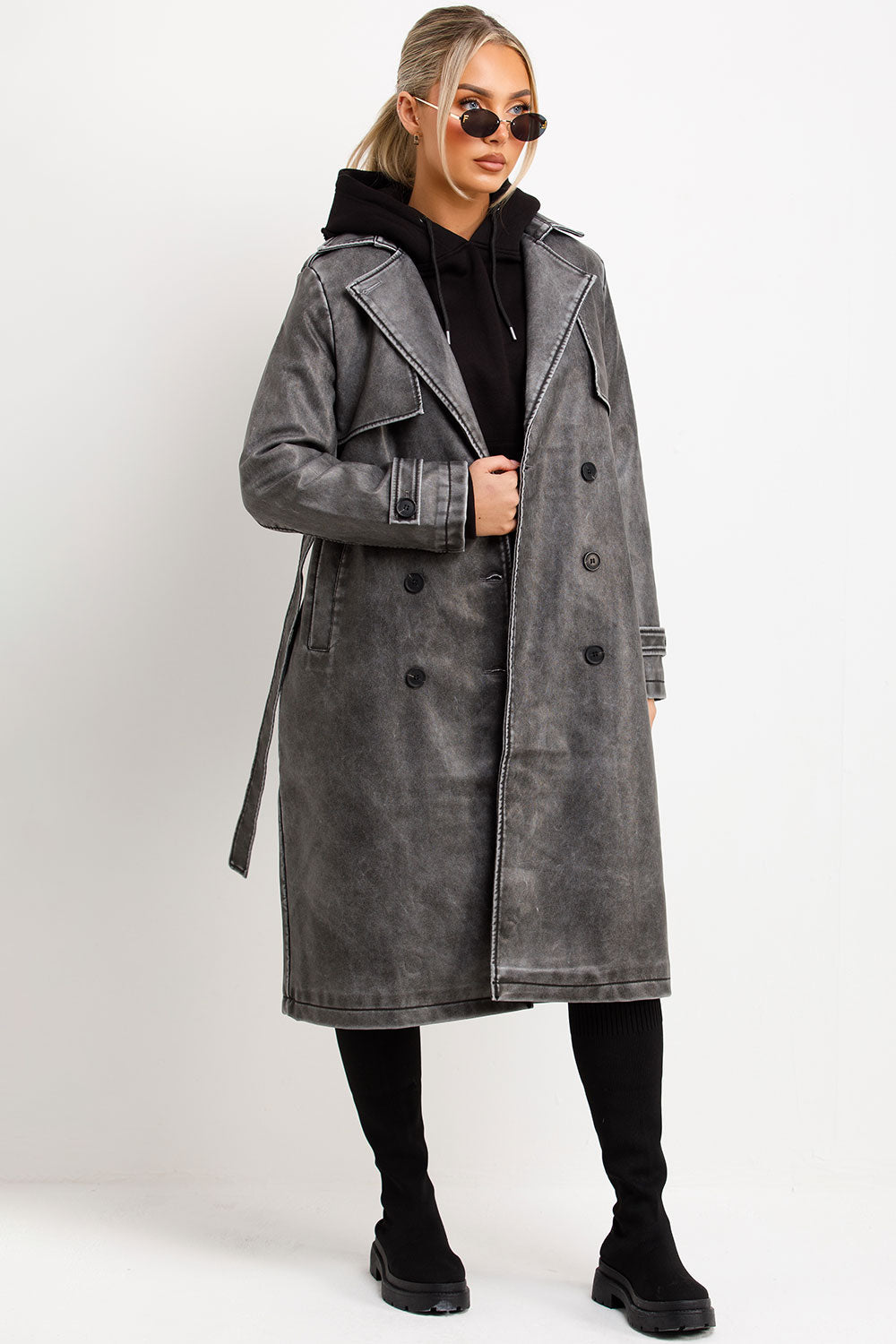 Faux Leather trench Coat With Belt Grey